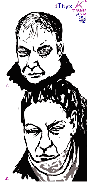 Два наброска: 1. Мужчина со скудными волосами на голове, в чёрной куртке; 2. Женщина с хвостом из темнокоричневых волос, с серым шарфиком, загородившая вид на мужчину с 1-го рисунка. Автор рисунка: художник #iThyx