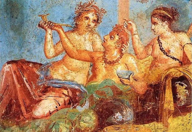 Σκηνή συμποσίου από την Οικία των Αγνών Εραστών, Πομπηία, 2ος μ.Χ. αιώνας.