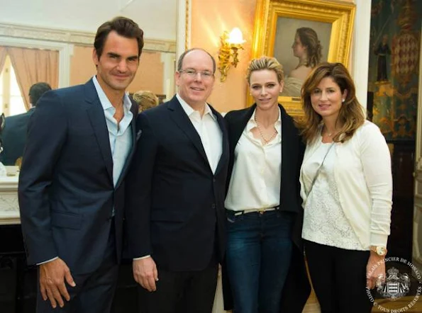 Prince Albert and Princess Charlene of Monaco along with Baroness Elizabeth-Ann de Massy and her daughter Melanie-Antoinette met with tennis legends, Mr. Roger Federer and Mr. Željko Franulović 