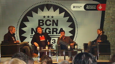 Lluís LLort, escriptor, Carlos Zanón, moderador, Franz Delplanque, escriptor, i Flavio Soriga, escriptor. 