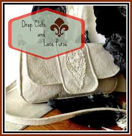 Drop Cloth and Lace Purse - purse made from drop cloth fabric and embellished with a lace medallion