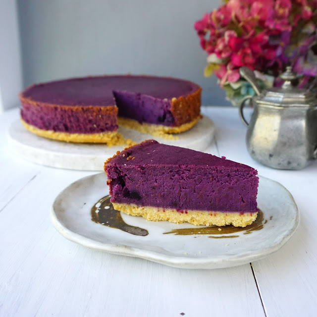 purple carrot rose cheesecake slice