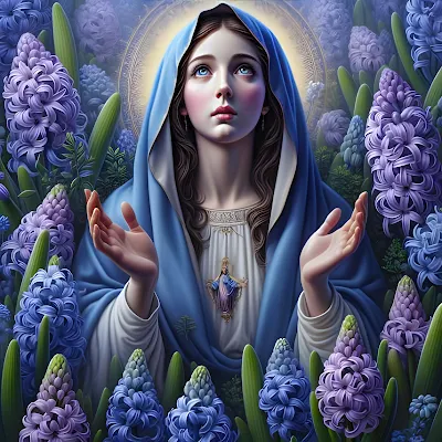 Imágenes de la Virgen María entre un jardín de jacintos azules