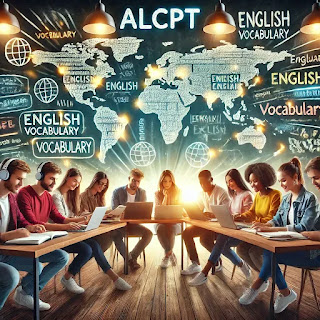 A group of diverse students studying together for the ALCPT exam, using books, laptops, and flashcards, symbolizing teamwork and determination for success.