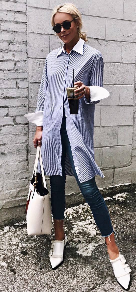 casual outfit perfection : loong stripped shirt + bag + heels + jeans