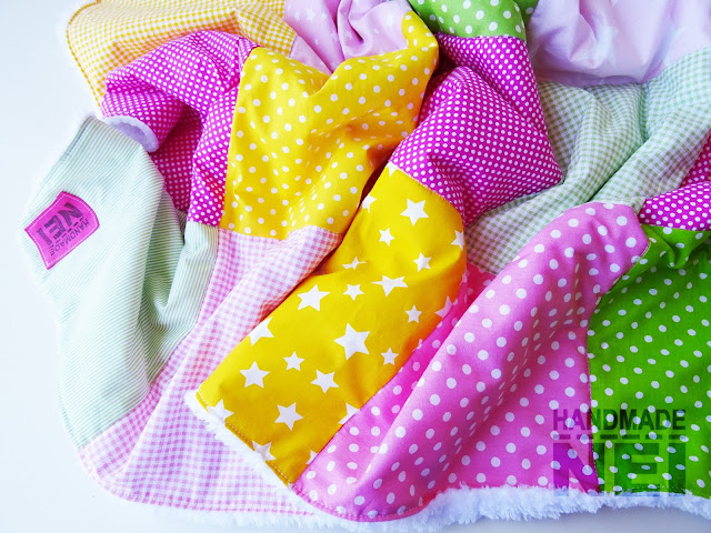 Handmade Nel: Пачуърк одеяло с полар за бебе "Жълто, цикламено, розово и зелено"