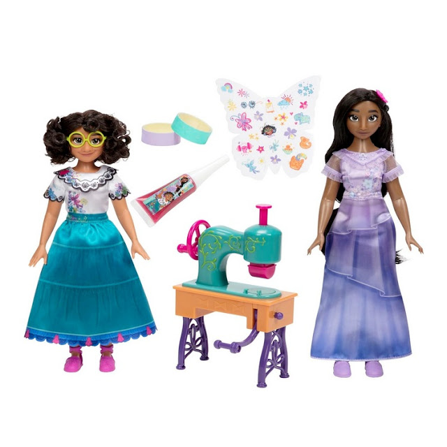 Disney Encanto : vue détaillée du kit de création de mode avec deux poupées mannequins incluses.