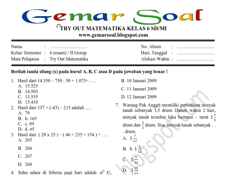 Soal Try Out Matematika Kelas 6 Sd Mi Plus Kunci Jawaban Terbaru