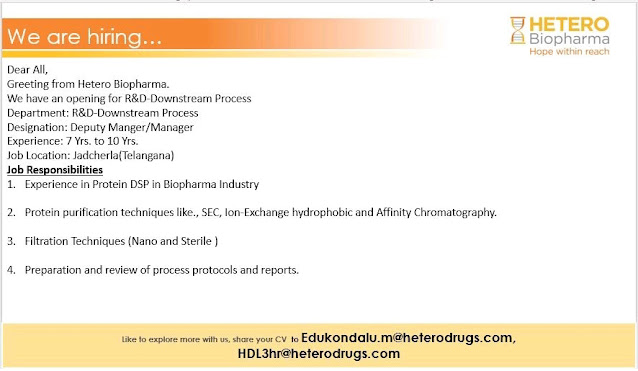 Job Availables, Hetero Biopharma Job Vacancy for R&D Downstream Process