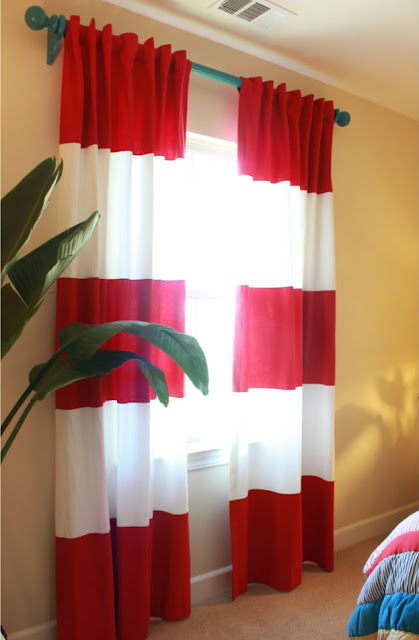 red and white striped curtains with borders