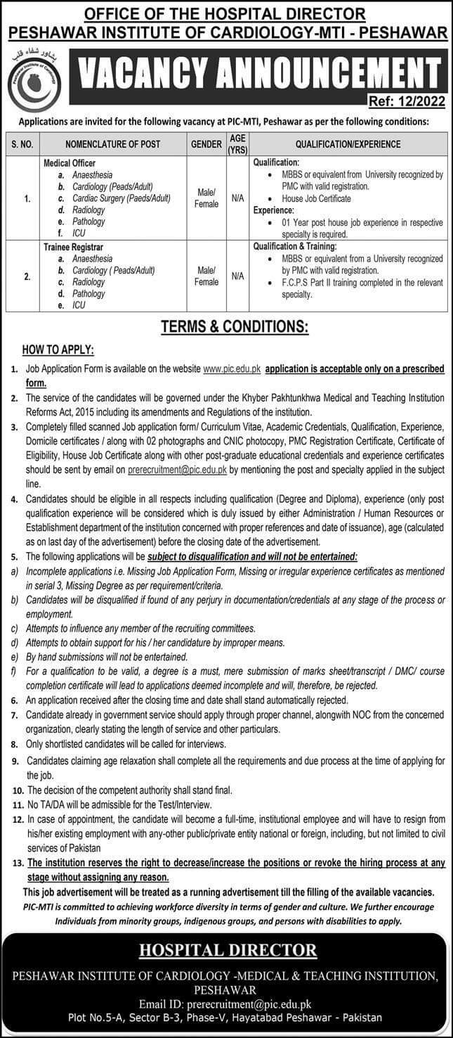 Peshawar Institute of Cardiology Jobs 2022 Application Form | www.pic.edu.pk