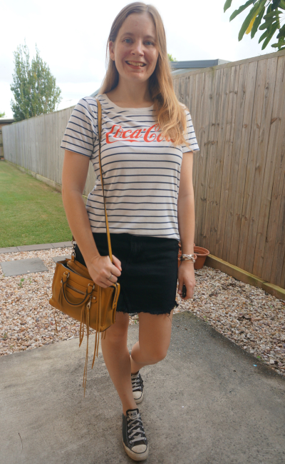 striped coca-cola tee distressed denim mini skirt, black converse chucks, mustard yellow bag | awayfromblue