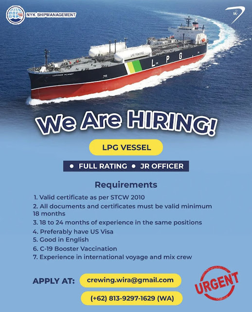 We are hiring Full Rating, Jr Officer for LPG Vessel Januari 2024