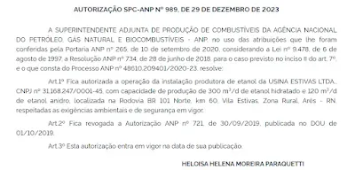 Imagem mostra publicação da ANP sobre a Usina Estivas