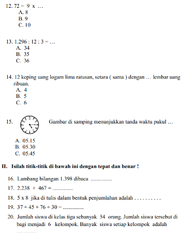 Soal Dan Jawaban Pas Uas Matematika Kelas  Soal Uas Matematika Kelas 3 Sd Semester 1 2019