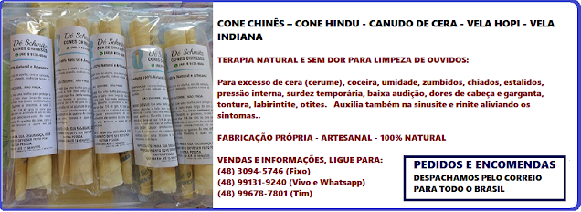 Contato endereço telefone whatsapp localização atendimento aplicação consulta agendamento cone  chinês. Cone chinês para limpeza de ouvidos. Encomendas com despacho para qualquer cidade no Brasil. Enviamos pelo Correio - Informações pelo Whatsapp (48) 99131-9240