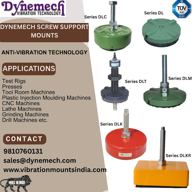 Image displaying various Dynemech Screw Support Mounts including Series DL, DLC, DLT, DLM, DLK, and DLKR. The mounts are used for machine stability and are suitable for CNC machines, tool room equipment, lathes, presses, and other industrial applications. Contact information and applications are also listed in the visual.
