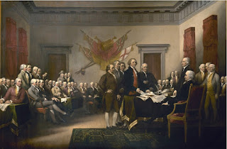 Photo of John Trubull painting of presenting a draft of the Declaration of Independence by WikiImages at https://pixabay.com/photos/declaration-of-independence-62972/