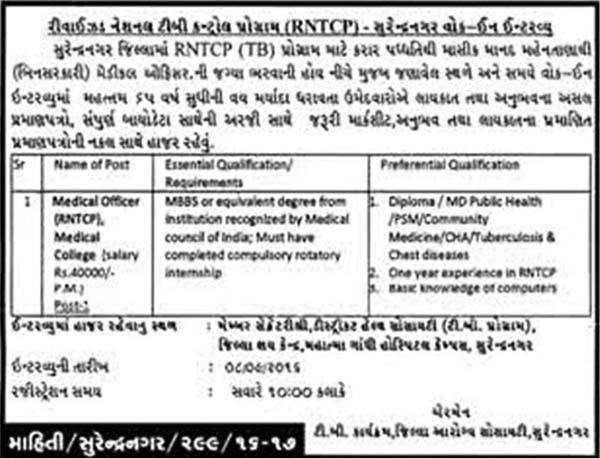 Revised National TB Control Programme Surendranagar Recruitment 2016 for Medical Officer Post