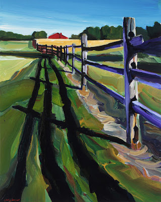 An acrylic painting of a red barn at knox farms in east aurora ny