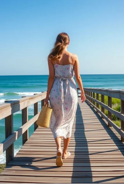 A woman walking along a boardwalk in a pastel floral sundress, holding a woven tote, wearing neutral flat sandals