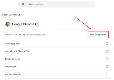 "Check for updates" option on chromebook