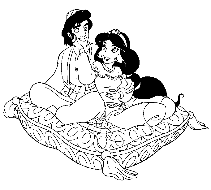 Princess Jasmine and Aladin Fly with Magic Carpet Coloring Pages