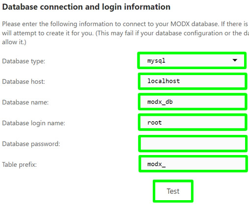 MODX installation database connection and login information