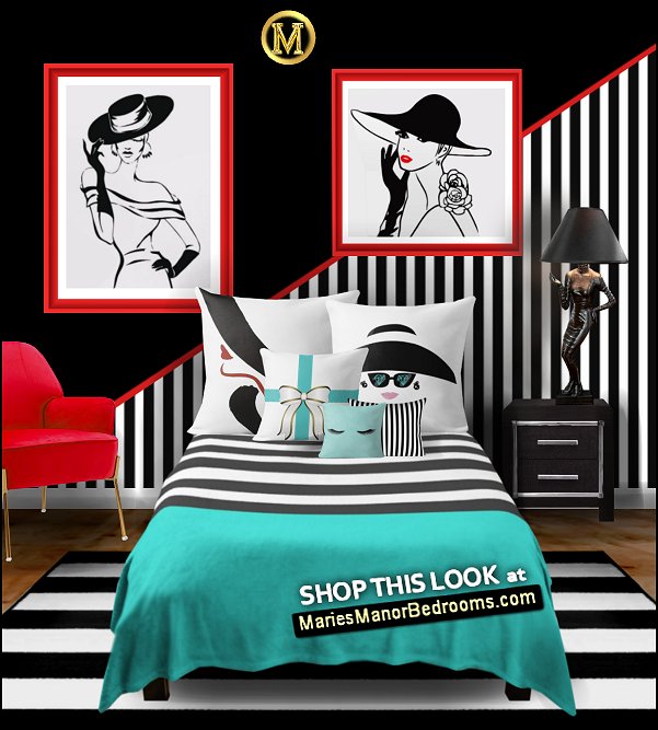 Lady Wearing Hat Red lips Wall Decal  Haute Couture Table Lamp  Black and white stripe rug  Glam Nightstand