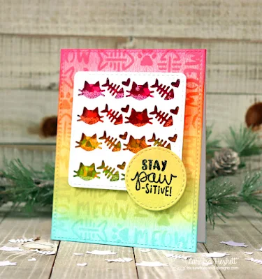 Stay Paw-sitive by Larissa Heskett using Newton's Nook Designs products  Cat-itude Stamp Set, Meow Stencil, Pawprint Shaker Die Set and Frames Squared Die Set using Therm O Web Deco Foil and Ranger Ink Distress Oxide Inks