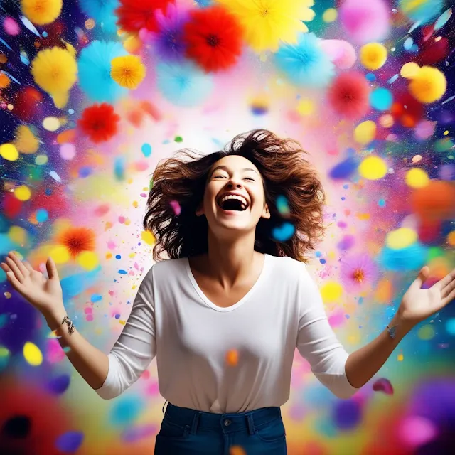 Mujer sonriendo con flores alrededor