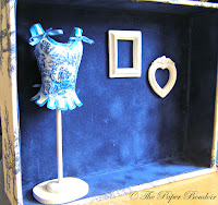 Blue and white toile de jouy papier mache corset shadow box by ThePaperBoudoir