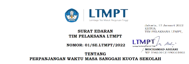 SURAT EDARAN TIM PELAKSANA LTMPT TENTANG PERPANJANGAN WAKTU MASA SANGGAH KUOTA SEKOLAH