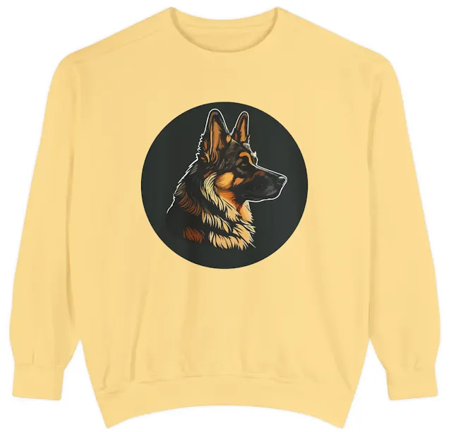 Garment-Dyed Sweatshirt for Men and Women With Close Up Face Graphic of Red and Black German Shepherd