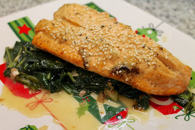 Mustard Broiled Salmon with Miso and Honey Braised Greens