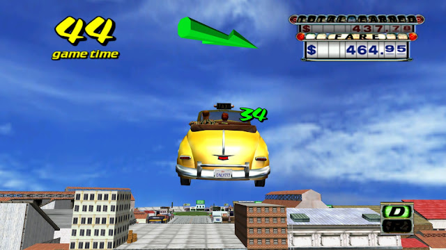 Screenshot of a taxi flying through the sky in Crazy Taxi
