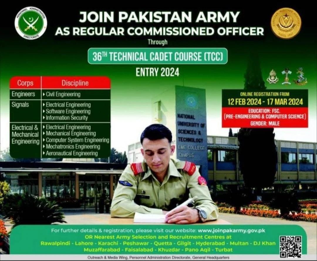 Pakistan Army As a Regular Commissioned Officer through the Technical Cadet Course 2024