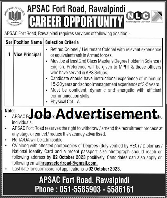 Army Public School & College ( APS&C ) Fort Road Rawalpindi Jobs 2023- Latest Jobs in Pakistan