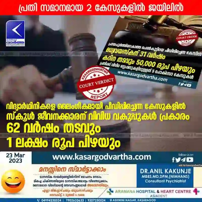 Kasaragod, Kerala, News, Man, Sentenced, Jail, Pocso, Case, Court-Verdict, Students, Fine, Police Station, Investigation, Complaint, Top-Headlines, Man sentenced to 62 years jail in POCSO case.