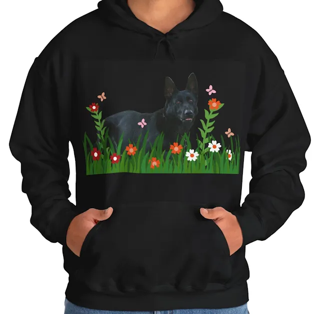 A Hoodie With Giant Czech Republic DDR Gorgeous Black and Tan Female German Shepherd lying on the Grass