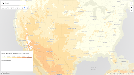 map showing likelhood of drought in the US under different climate models