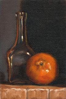 Oil painting of a mandarine beside a small glass bottle.