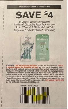 $4.00/1 Schick Hydro or skintimate Razors Coupon from "SAVE" insert week of 6/4/23 (exp 7/11/23).