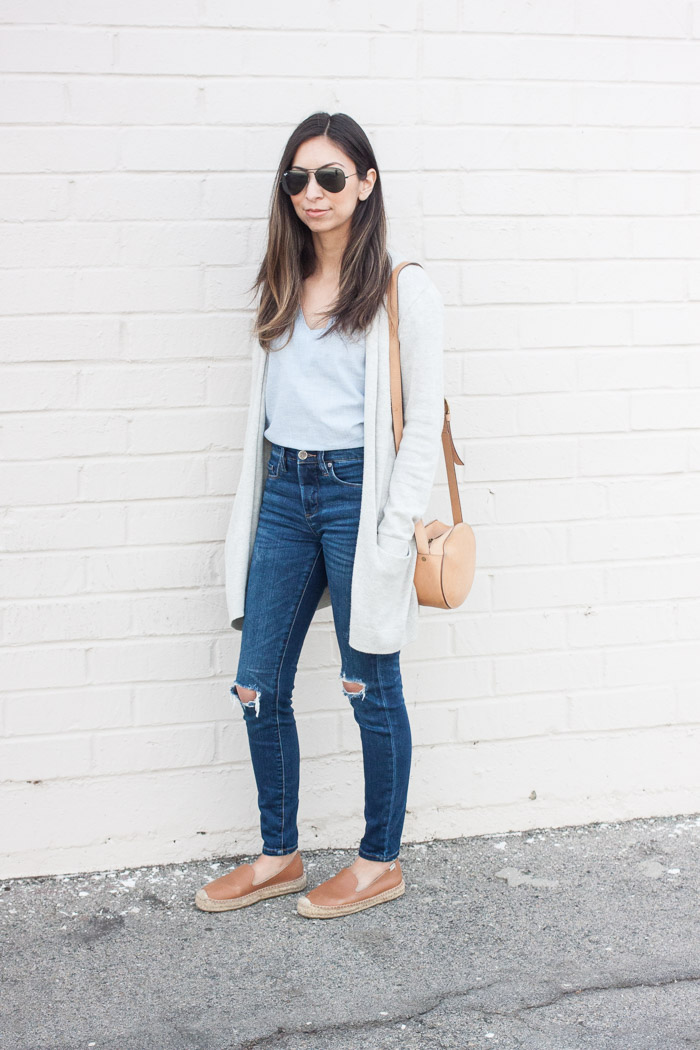 grey cardigan, denim top and jeans