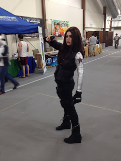 A cosplayer as a feminine version of Bucky Barnes, AKA the Winter Soldier.
