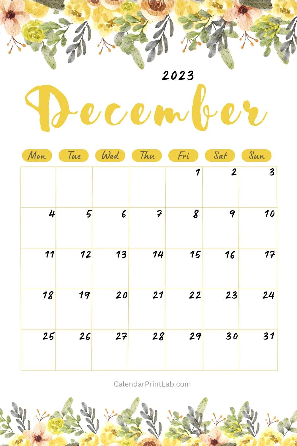 december 2023 yellow floral calendar