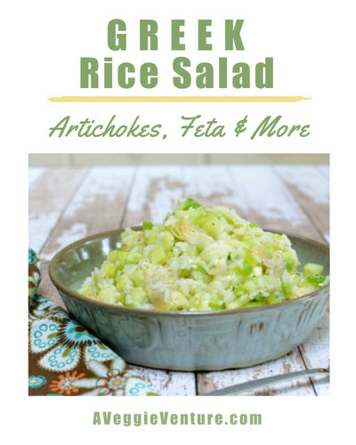 Greek Rice Salad with Artichokes & Feta, another easy salad ♥ AVeggieVenture.com. Fresh & Seasonal. Great for Meal Prep. Weight Watchers Friendly. Vegetarian. Gluten Free.