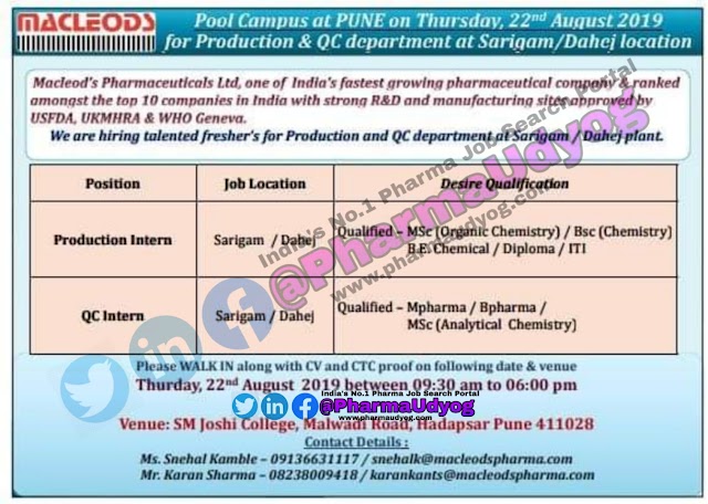 MacLeods | Pool campus drive for Production-QC | 22 August 2019 | Pune