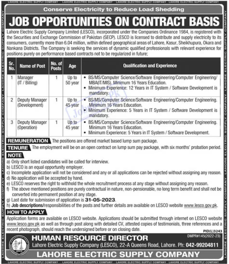 Lahore Electric Supply Company LESCO Jobs 2023 - Latest Advertisement