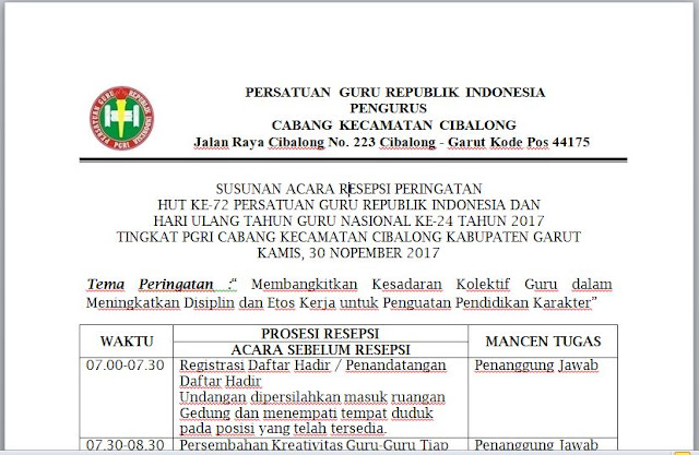 CONTOH SUSUNAN ACARA RESEPSI HUT KE 72 PGRI DAN HARI GUTU NASIONAL KE 24 TAHUN 2017